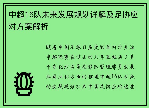 中超16队未来发展规划详解及足协应对方案解析