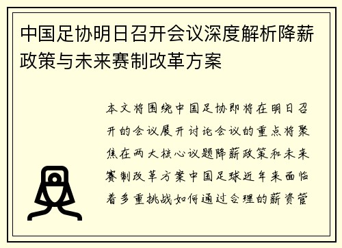 中国足协明日召开会议深度解析降薪政策与未来赛制改革方案